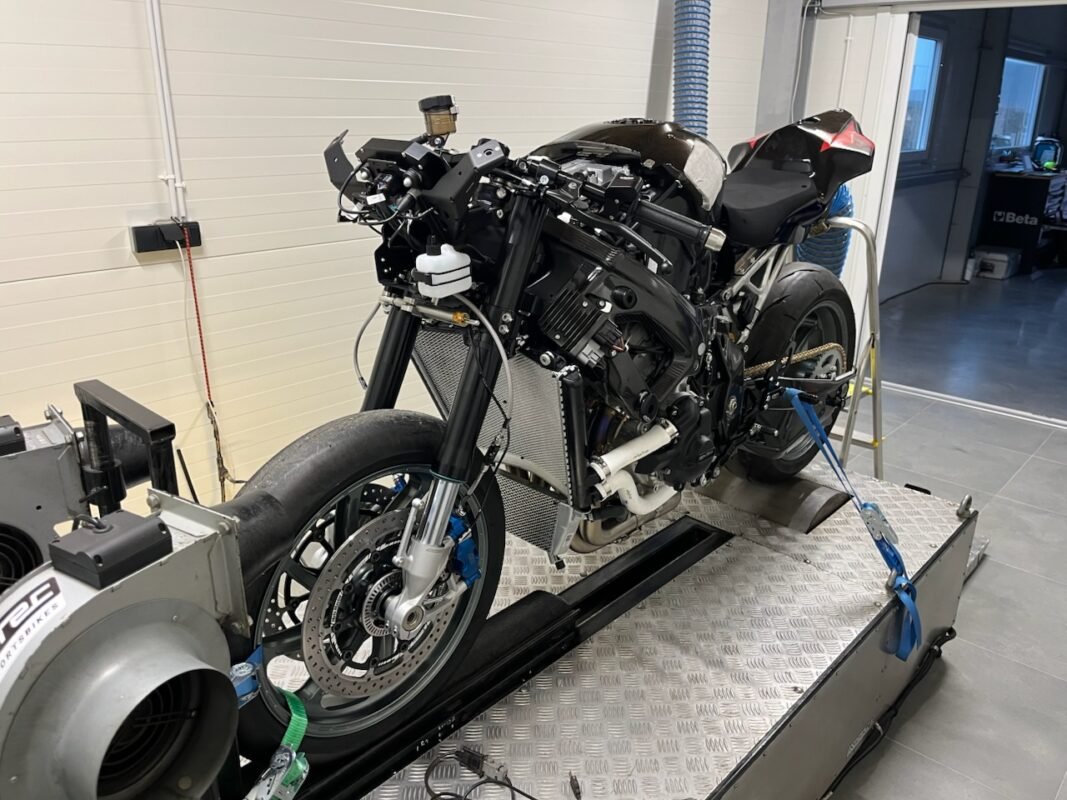 Motorcycle on the dyno during a power run